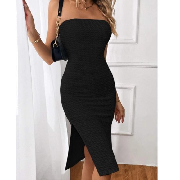 . Dresses & Skirts - Black Preppy Womens Solid Split Thigh Tube Bodycon Dress